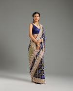 Navy Blue Satin Crepe Saree with Beads, Nulki, Zari, Moti, Kundan & Sequin Work