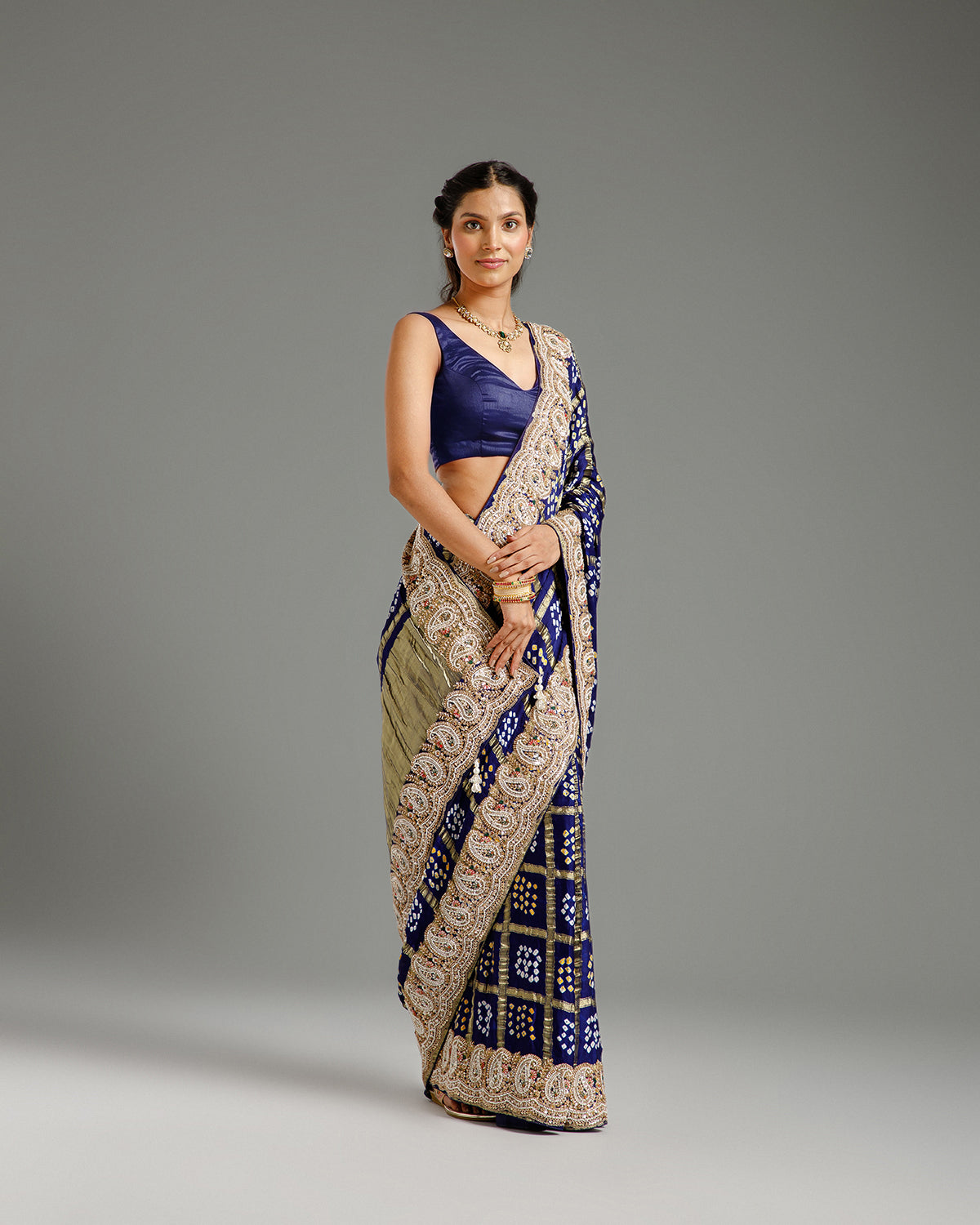 Navy Blue Satin Crepe Saree with Beads, Nulki, Zari, Moti, Kundan & Sequin Work