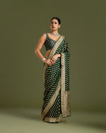 Bottle Green Georgette Saree with Dabka, Nulki, Mirror & Kundan Work