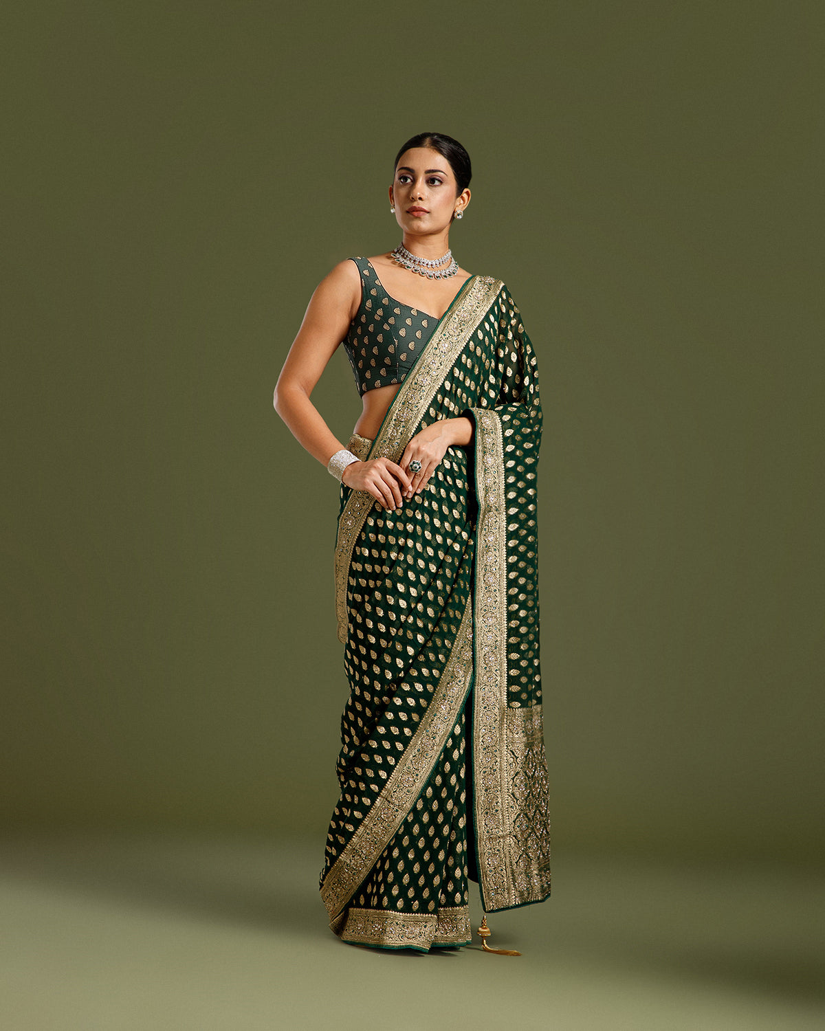 Bottle Green Georgette Saree with Dabka, Nulki, Mirror & Kundan Work