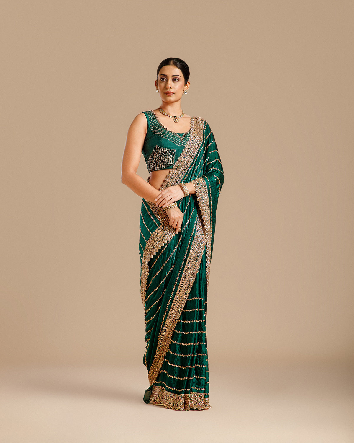 Bottle Green Fendy Organza Saree with Beads & Sequin Work