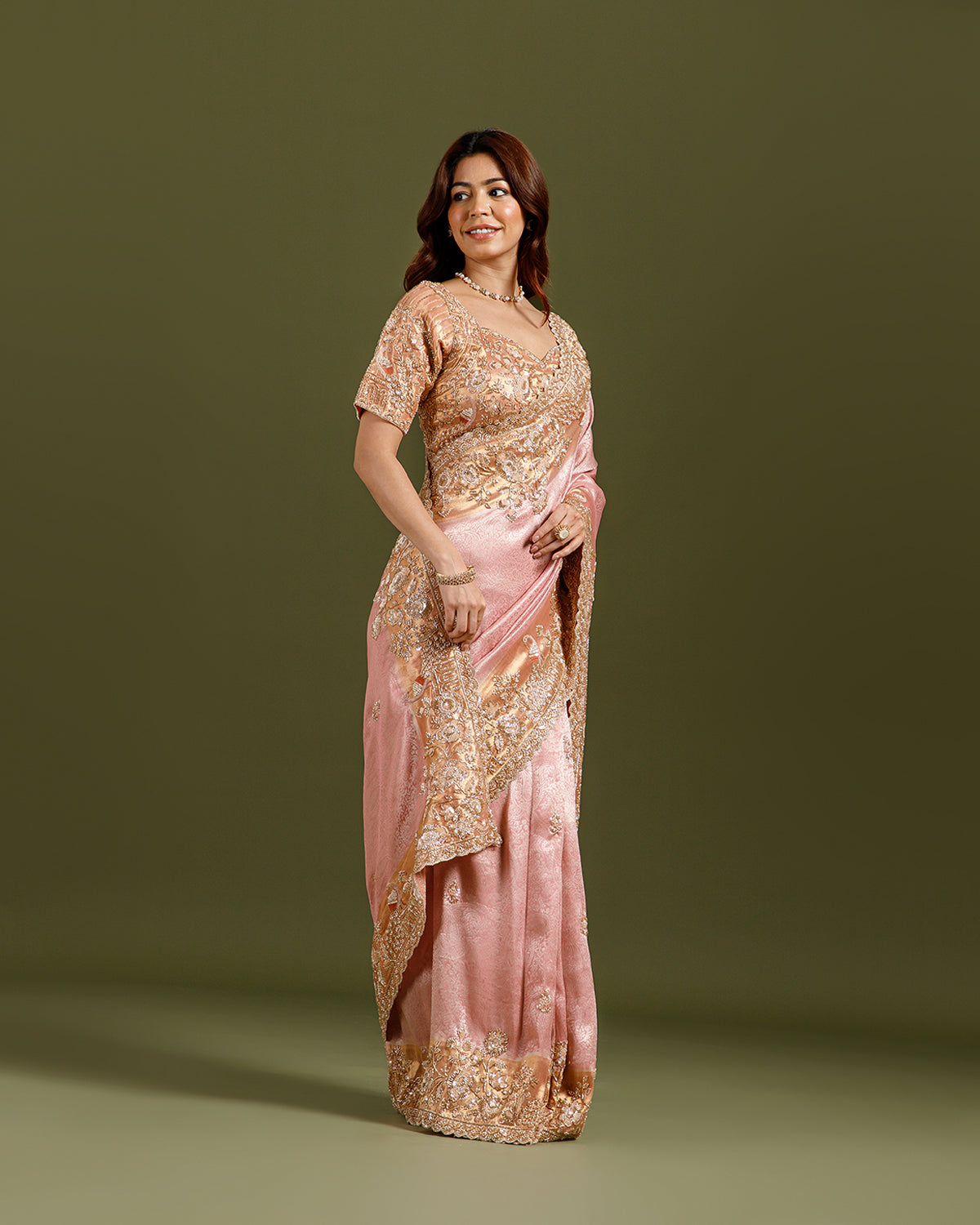 Pink Tissue Self Weaving Saree with Sequins & Cutdana Embroidery - House of Surya