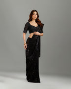 Designer Party Wear Black Georgette Saree with Sequence Work for Women - House of Surya