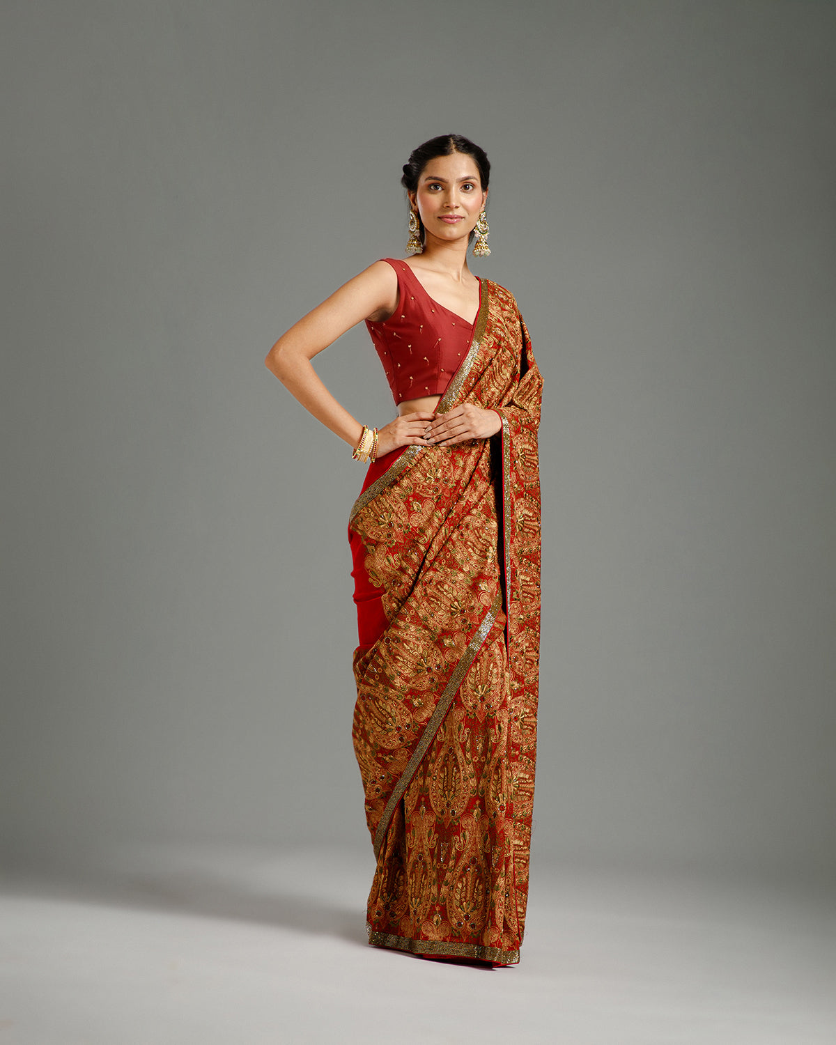 Red Georgette Saree with Resham, Zari & Nulki Work - House of Surya