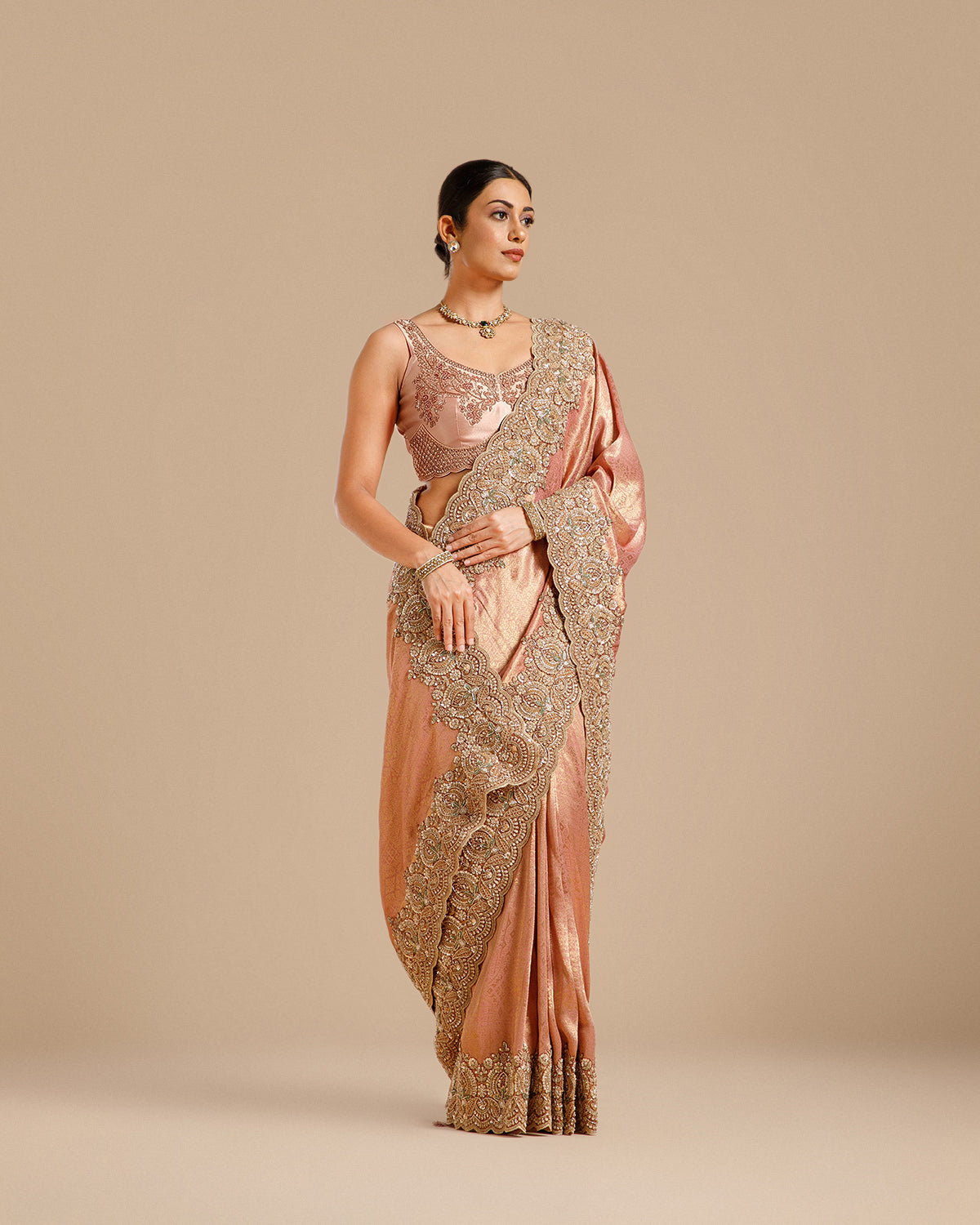 Onion Tissue Silk Saree with Nulki, Sequin, Pearl & Resham Work