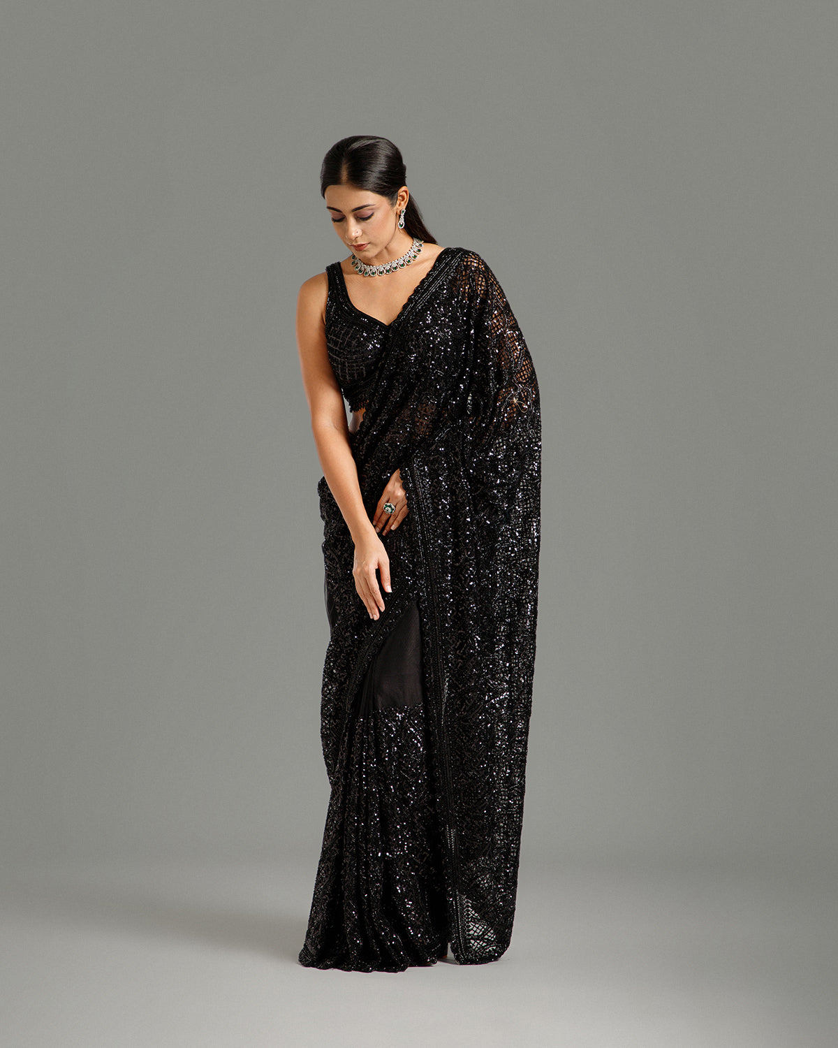 Black Net Saree with Nulki & Sequin Work