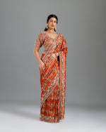 Rust Tissue Saree with Self Weave, Cutdana & Beads Work - House of Surya