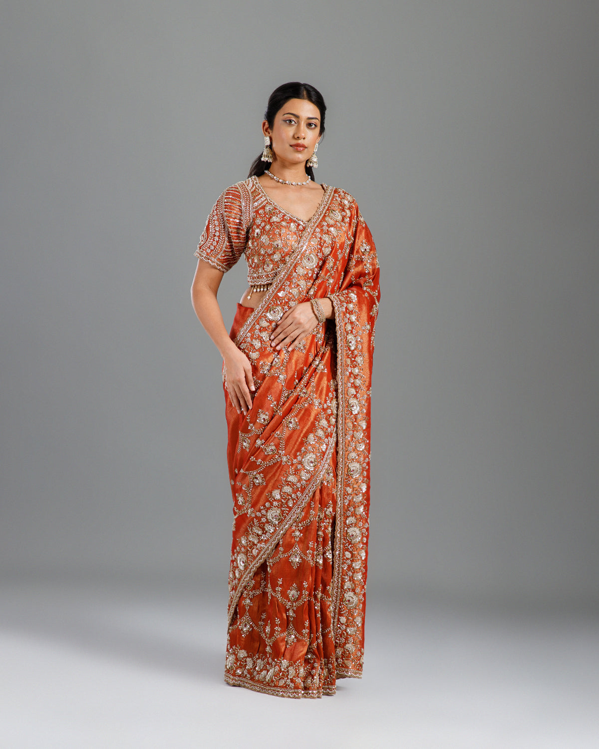 Rust Tissue Saree with Self Weave, Cutdana & Beads Work - House of Surya
