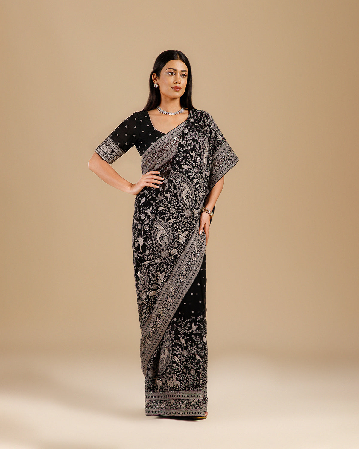 Black Georgette Kashmiri Saree with Traditional Embroidery Work