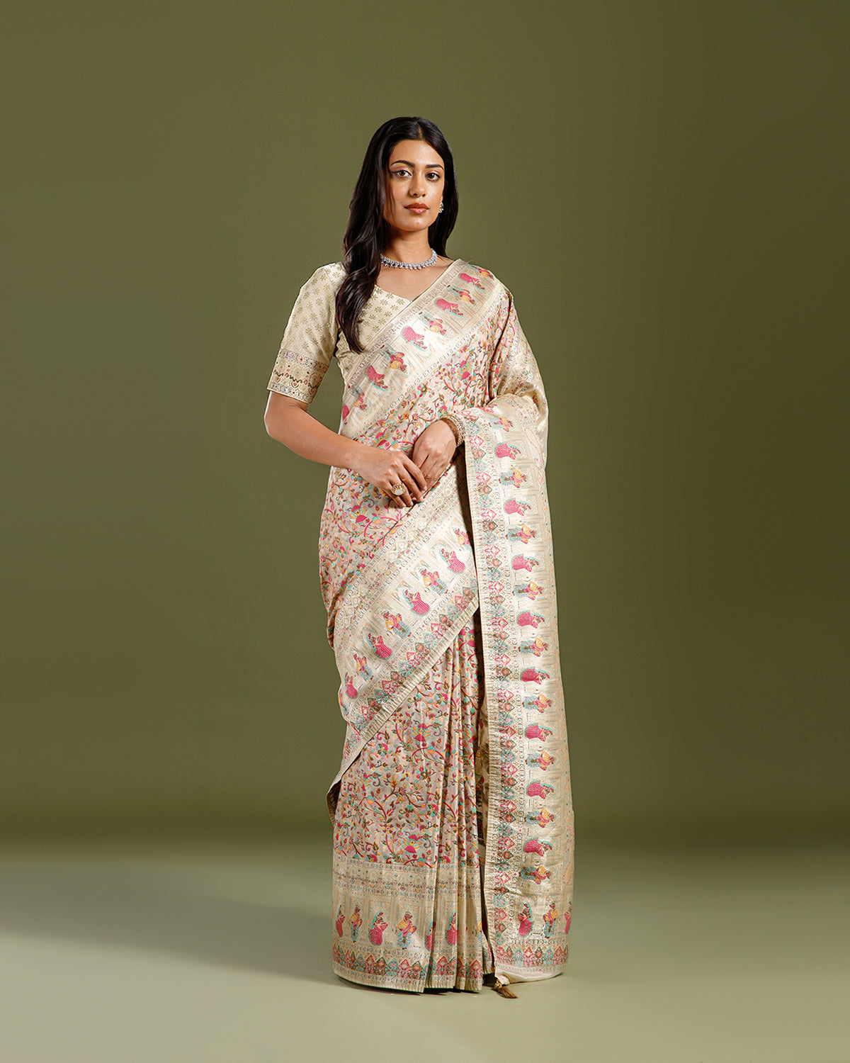 Cream Crepe Silk Saree with Multicolor Woven Design