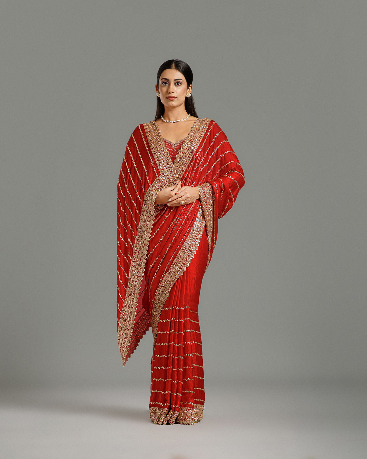 Red Fendi Organza Saree with Beads, Nulki & Sequin Work