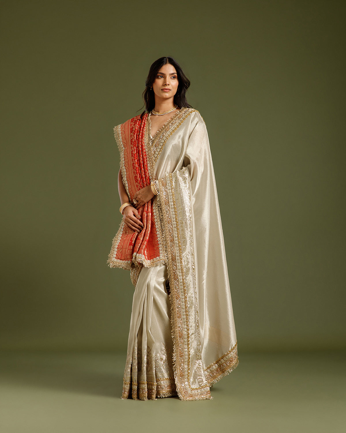 Beige Gold Tissue Organza Saree with Beads, Nulki, Gota Patti, Dori & Zari Work