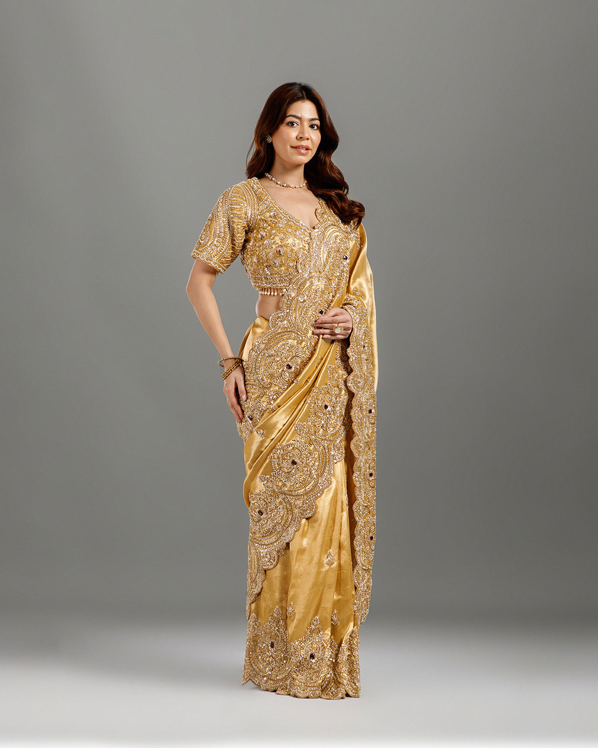 Golden Tissue Georgette Saree with Cutdana & Sequence Work - House of Surya