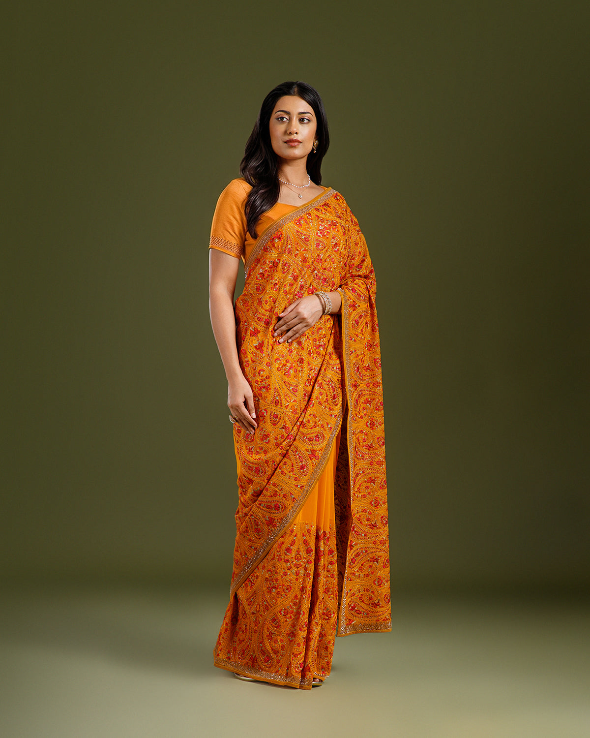 Yellow Georgette Saree with Kashmiri & Cutdana Work - House of Surya