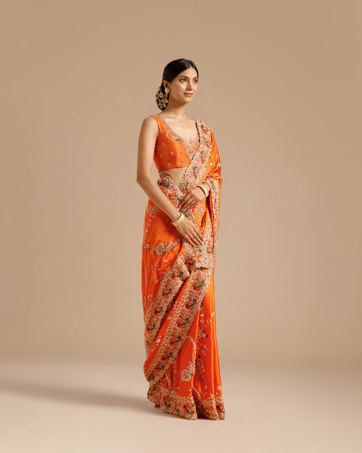 Orange Satin Organza Saree with Beads, Nulki, Sequin, Moti, Resham & Zari Work