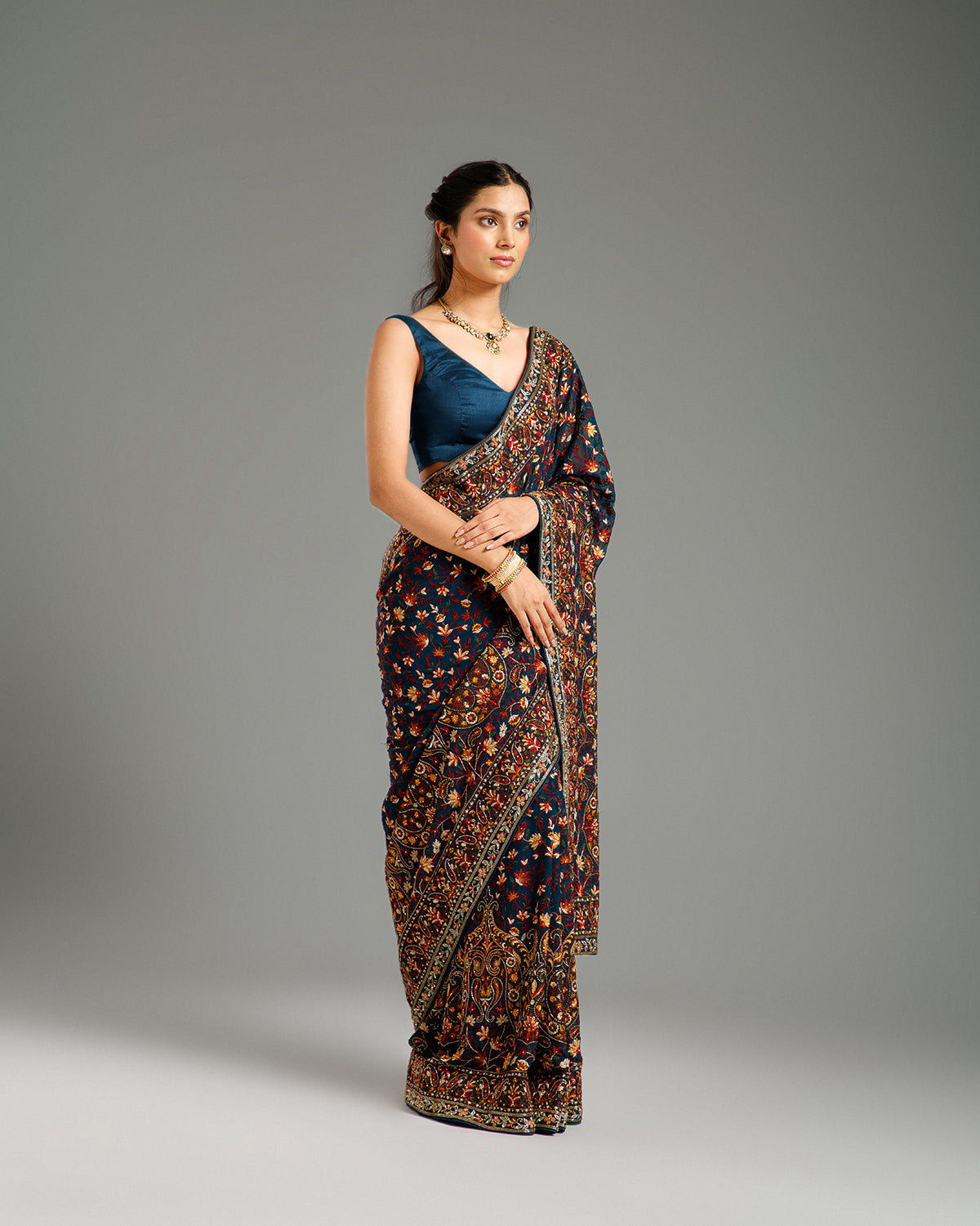 Peacock Green Georgette Saree with Beads, Nulki, Resham & Stone Work