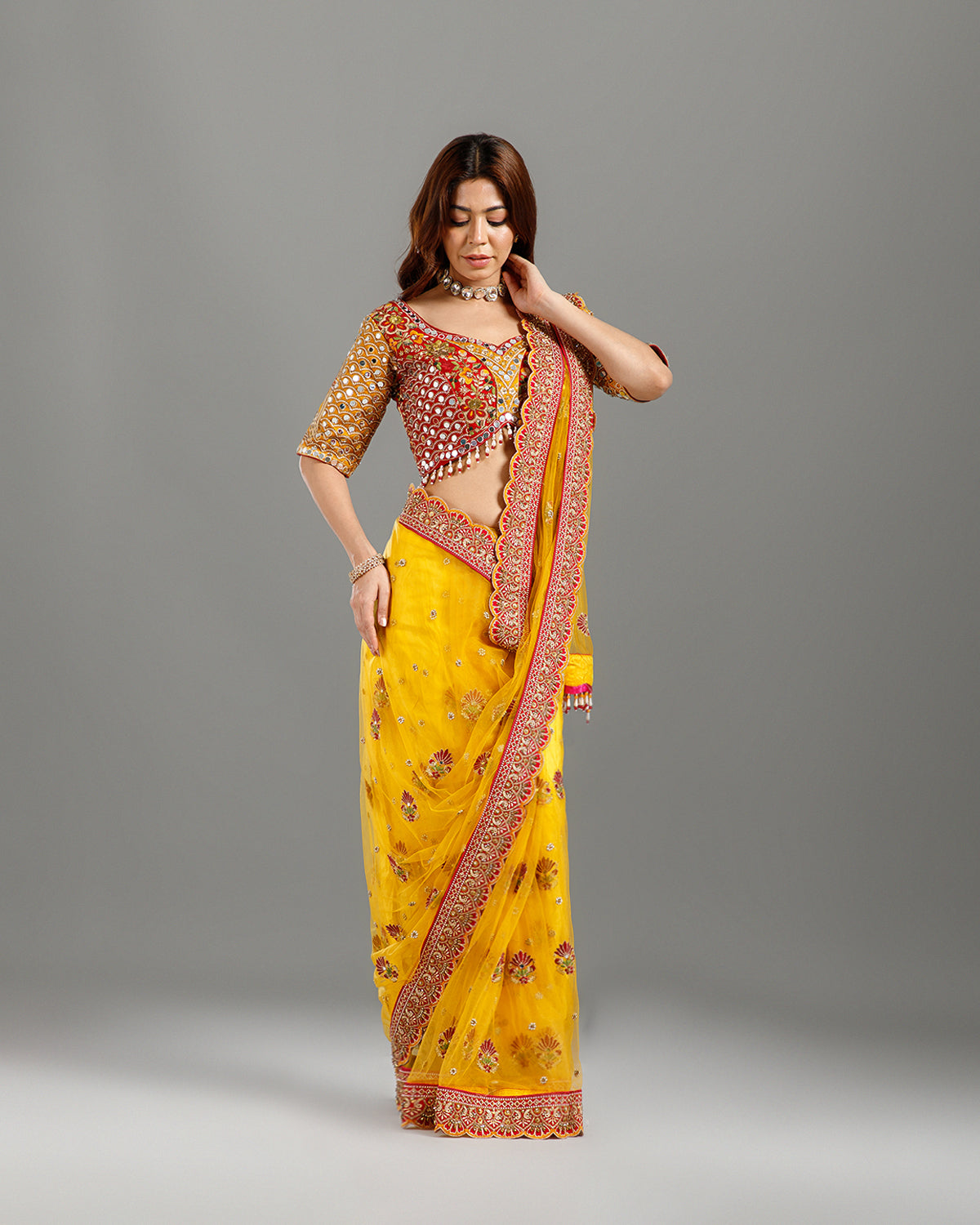 Yellow Net Saree with Sequence, Cutdana & Resham Work