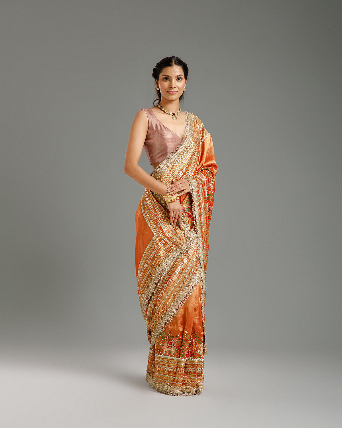 Rust Tissue Organza Saree with Resham, Zari, Dabka, Sequin & Gota Work