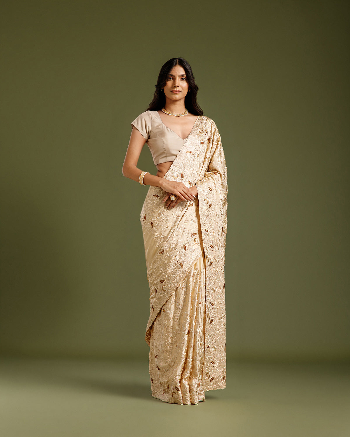 Cream Crape Silk Saree with Parsi Resham Work