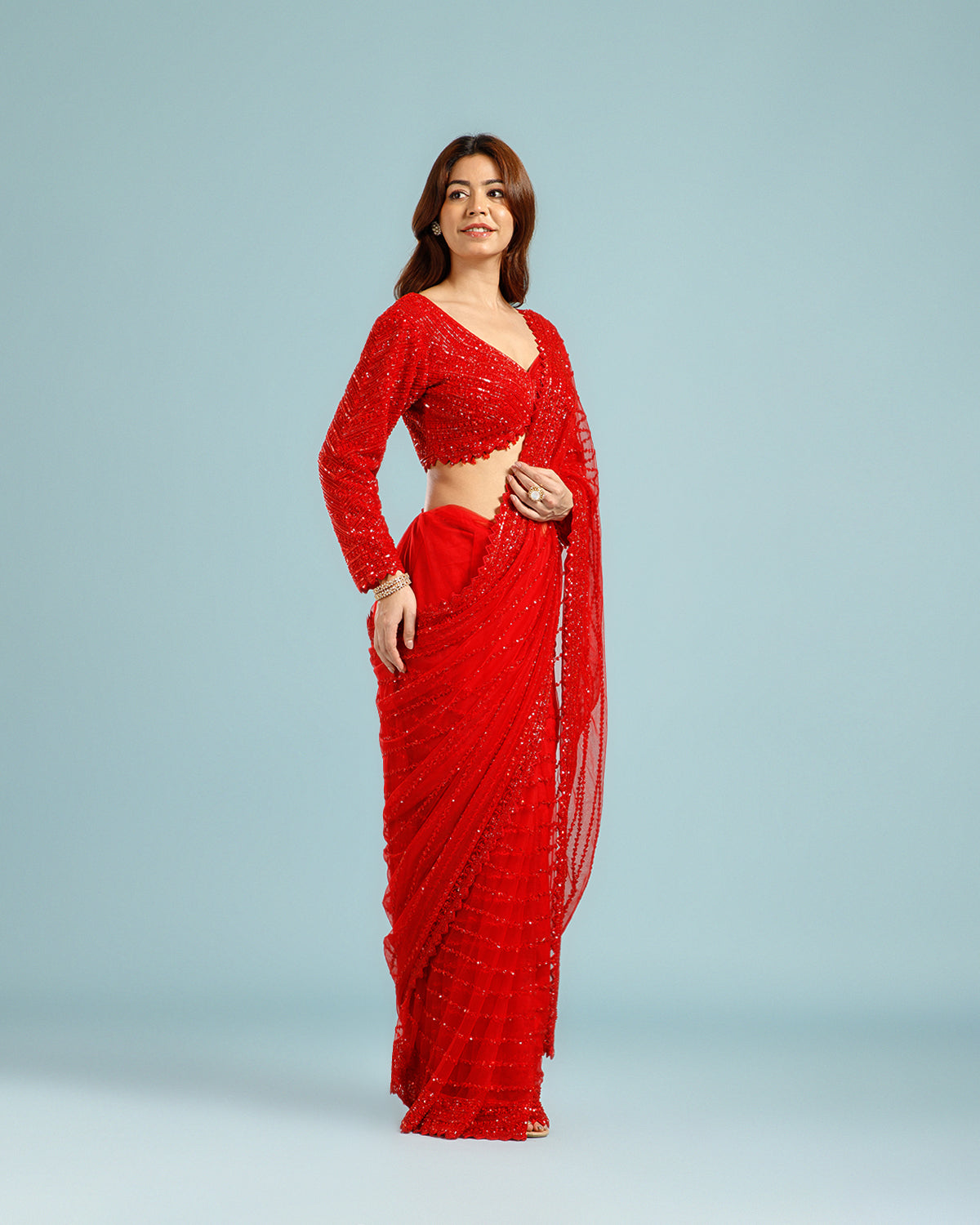 Designer Red Net Saree with Sequence, Bead & Cutdana (Nulki) Work