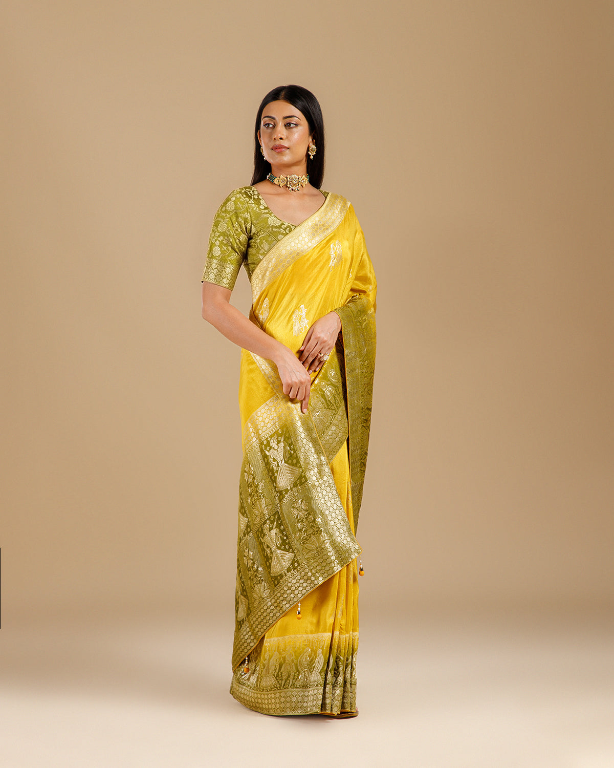 Premium Yellow Dola Silk Saree with Self Weaving Pattern