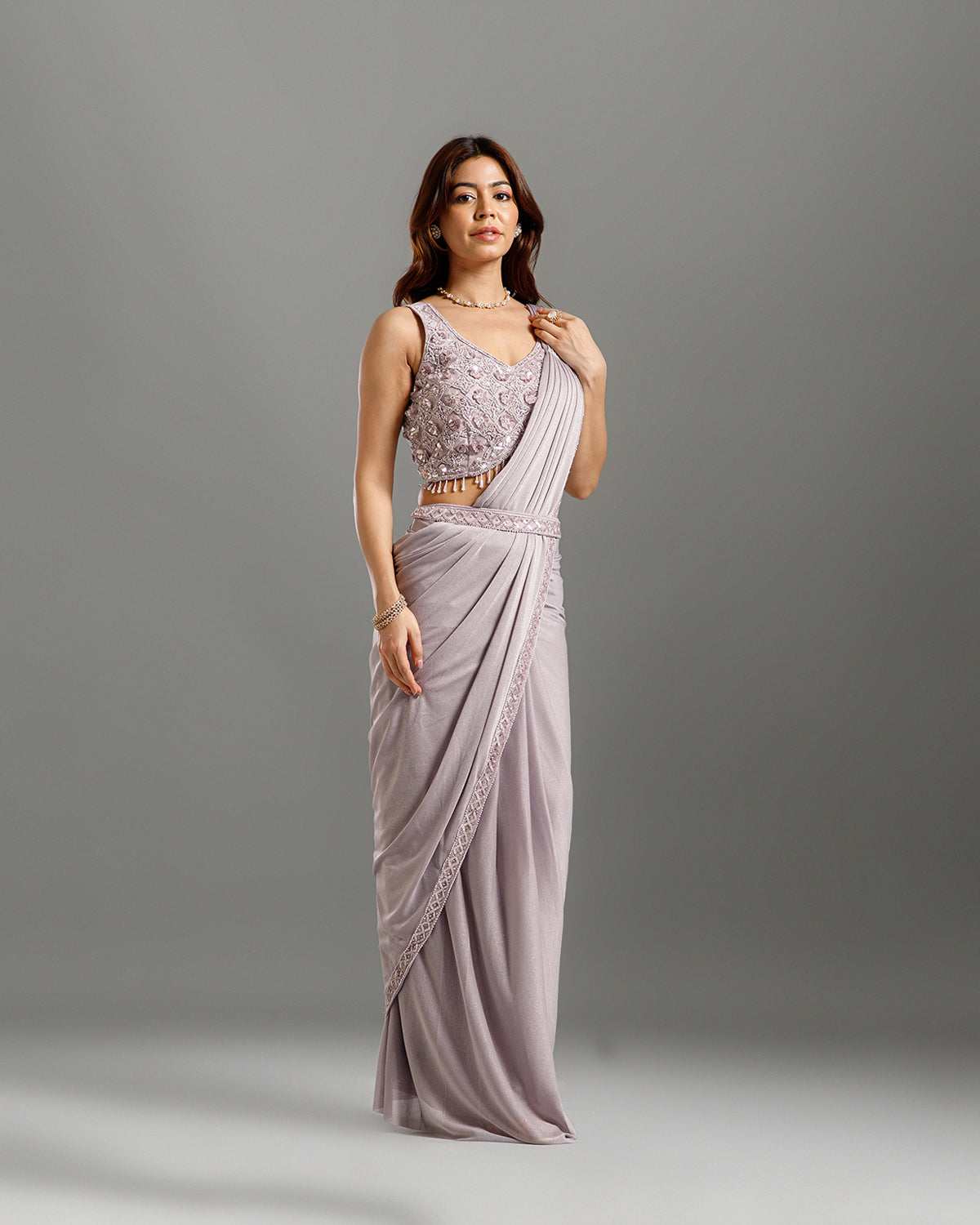 Mauve Lycra Drape Saree with Hand Work - House of Surya