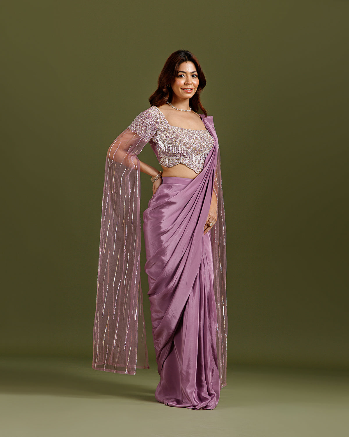 Mauve Crepe Drape Saree with Hand Work