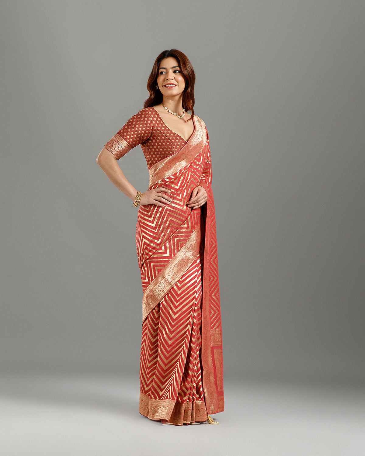 Premium Gajari Georgette Saree with Traditional Khaddi Zari Weaving Work - House of Surya