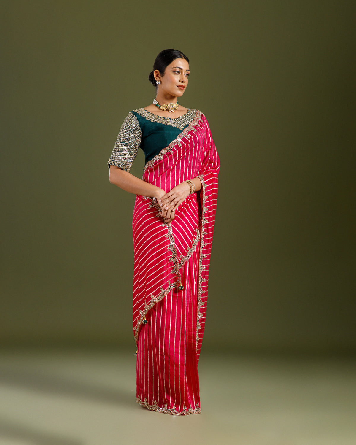 Rani Pink Organza Silk Saree with Mirror & Cutdana Work - House of Surya