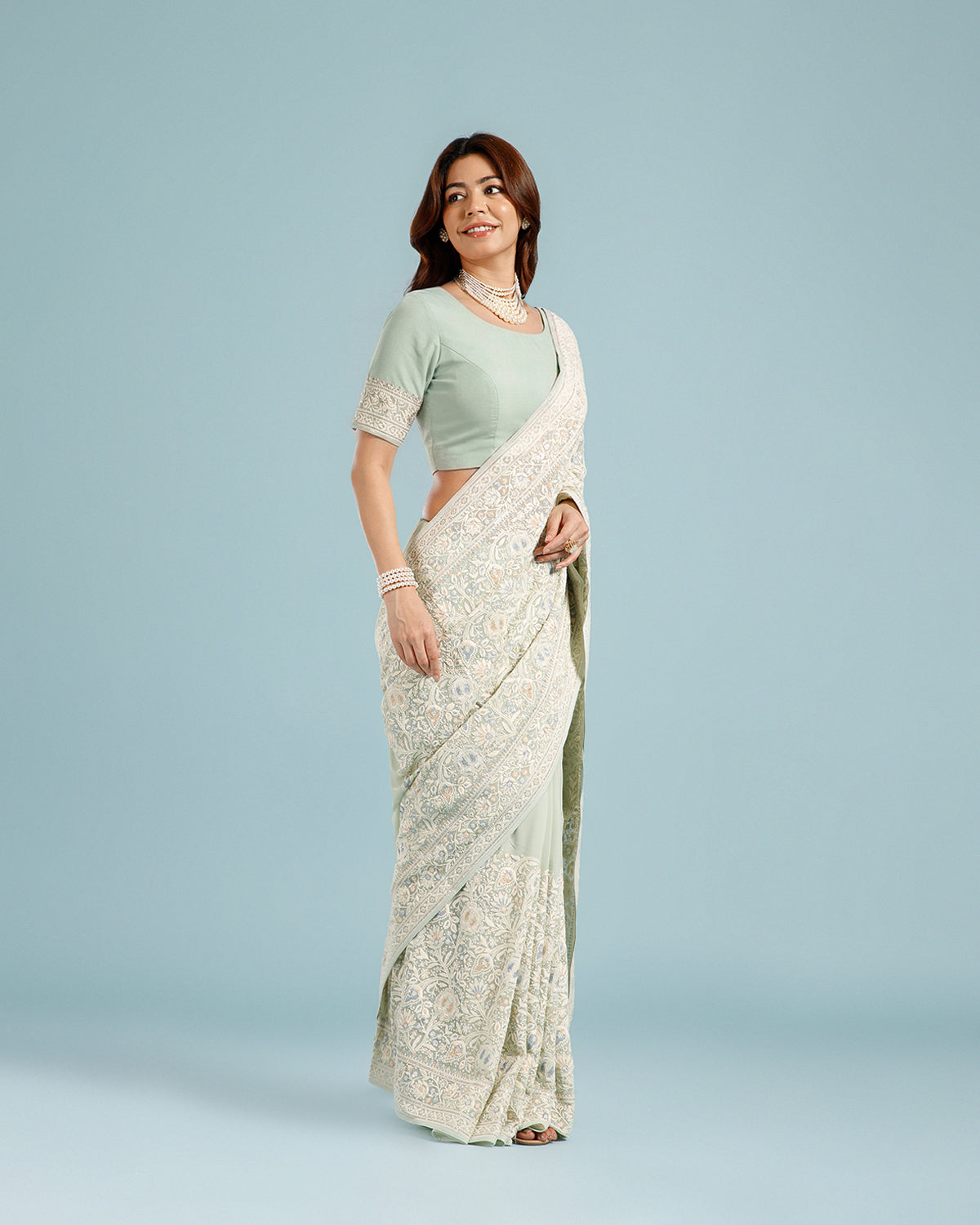 Elegant Pista Green Georgette Saree with Resham & Sequin Detailing - House of Surya