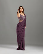 Purple Georgette Drape Saree with Hand Work - House of Surya