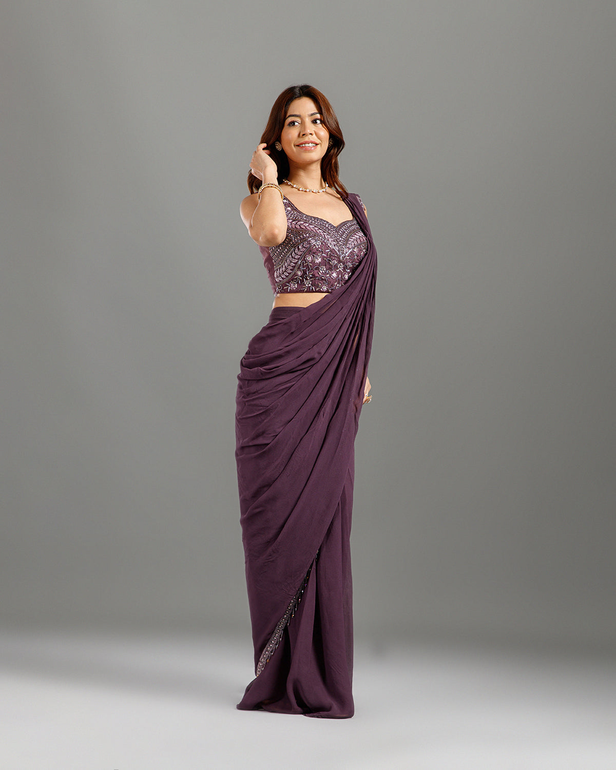 Purple Georgette Drape Saree with Hand Work - House of Surya