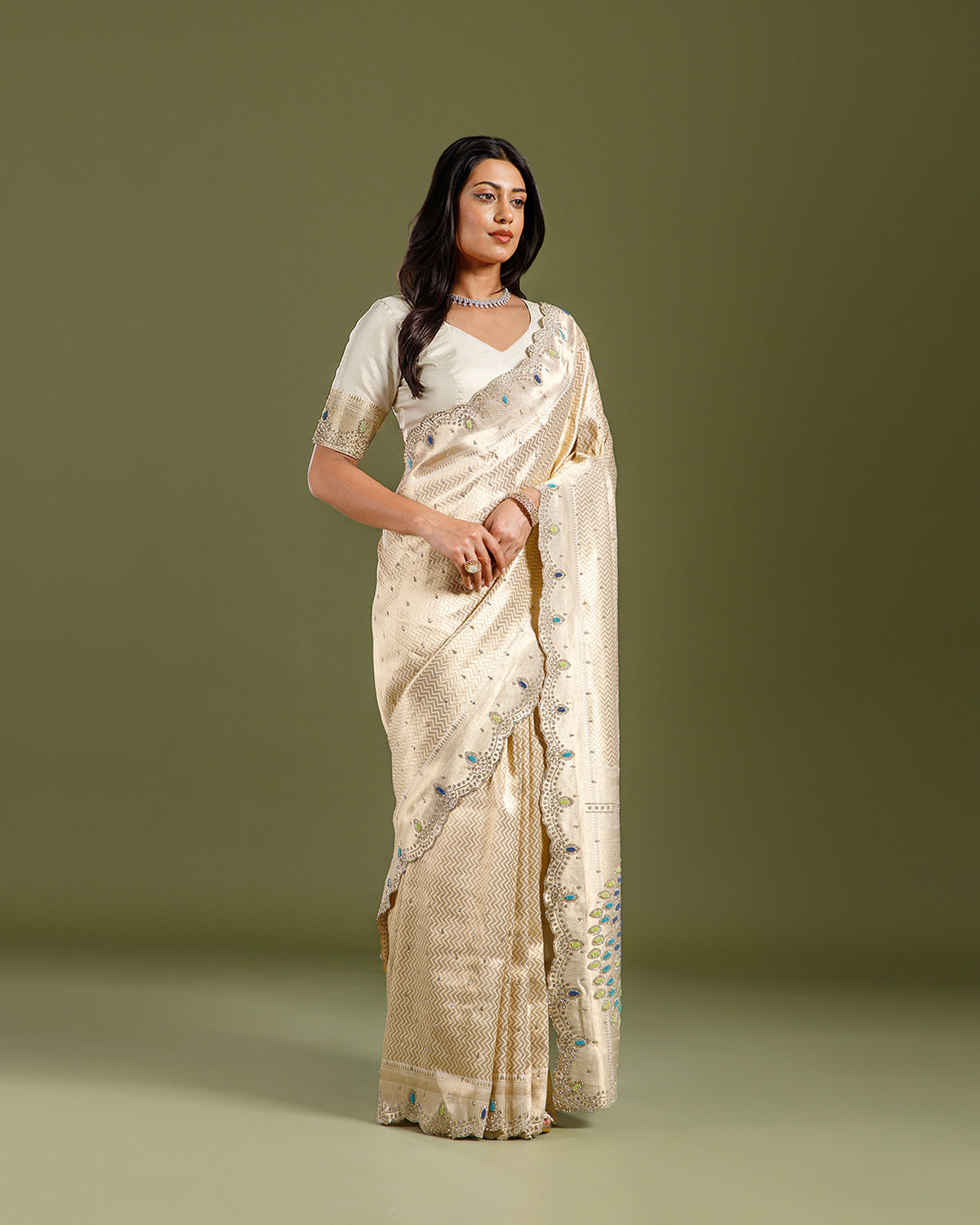 Luxury Ivory Silk Saree with Beads Work with Blouse