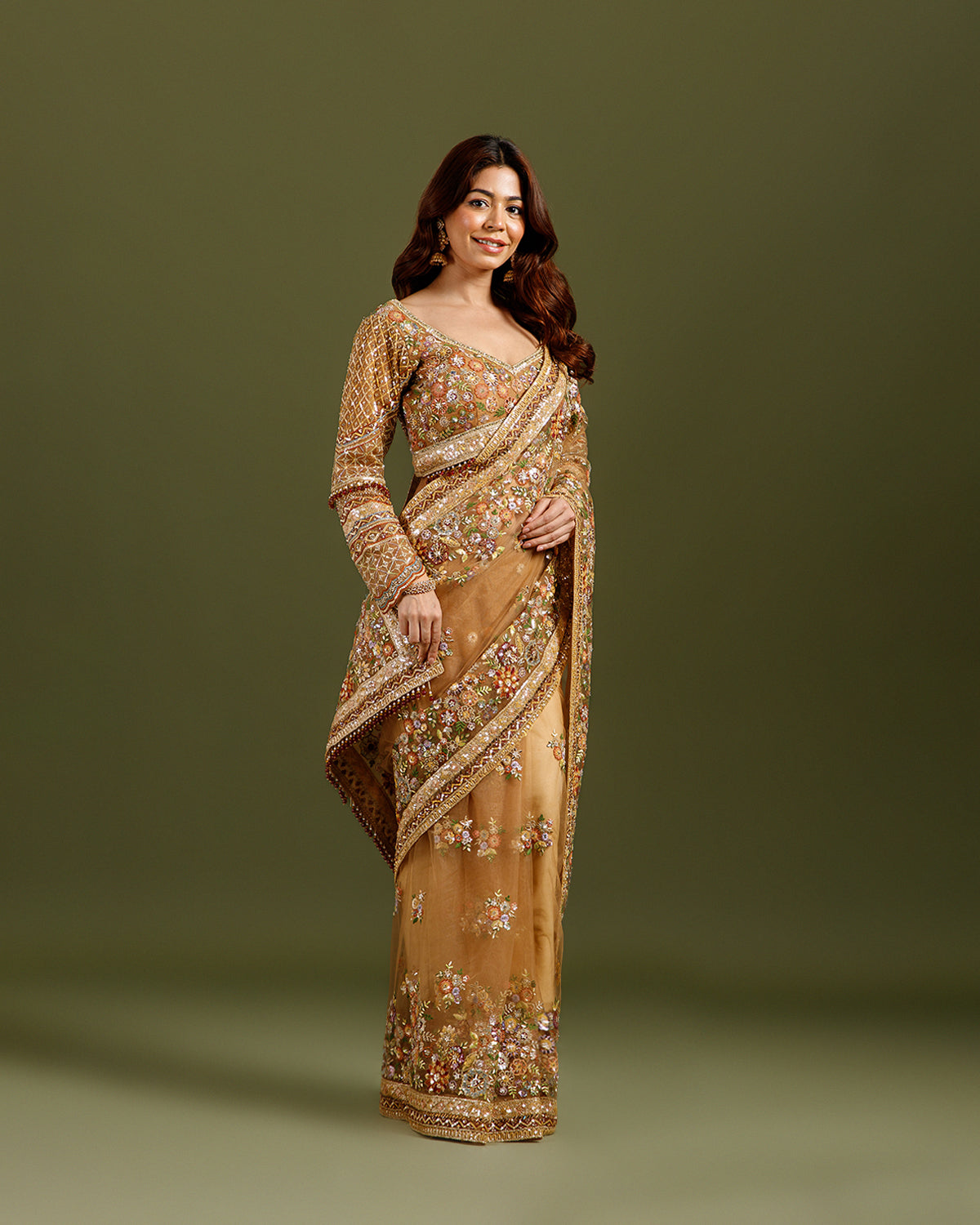 Golden Net Saree with Resham & Sequence Work - House of Surya