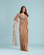 Chikoo Lycra Drape Saree with Hand Work - House of Surya
