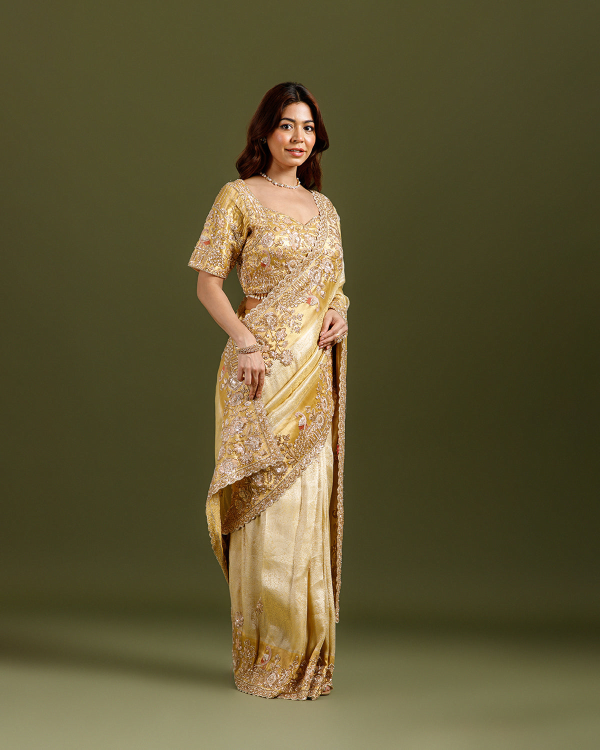 Ivory (Golden) Tissue Saree with Self Weave, Beads, Sequence & Cutdana Work