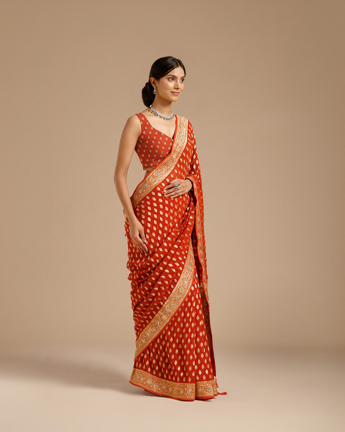 Rust Georgette Saree with Dabka, Nulki, Mirror & Kundan Work