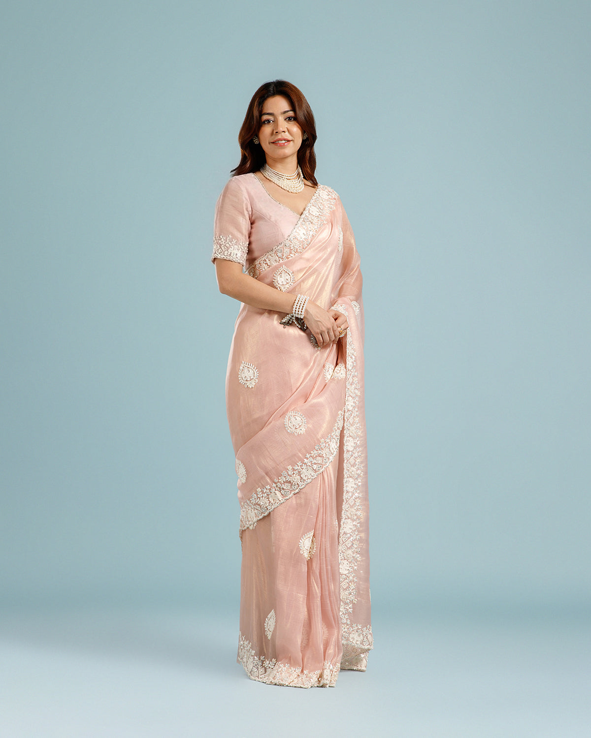 Light Pink Crush Tissue Saree with Resham, Sequence & Bead Work - House of Surya