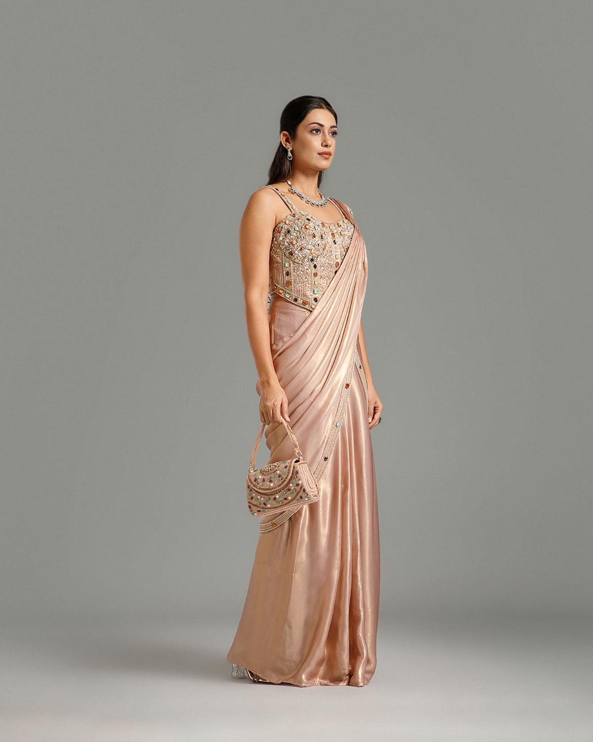 Peach Lycra Saree with Stone Work