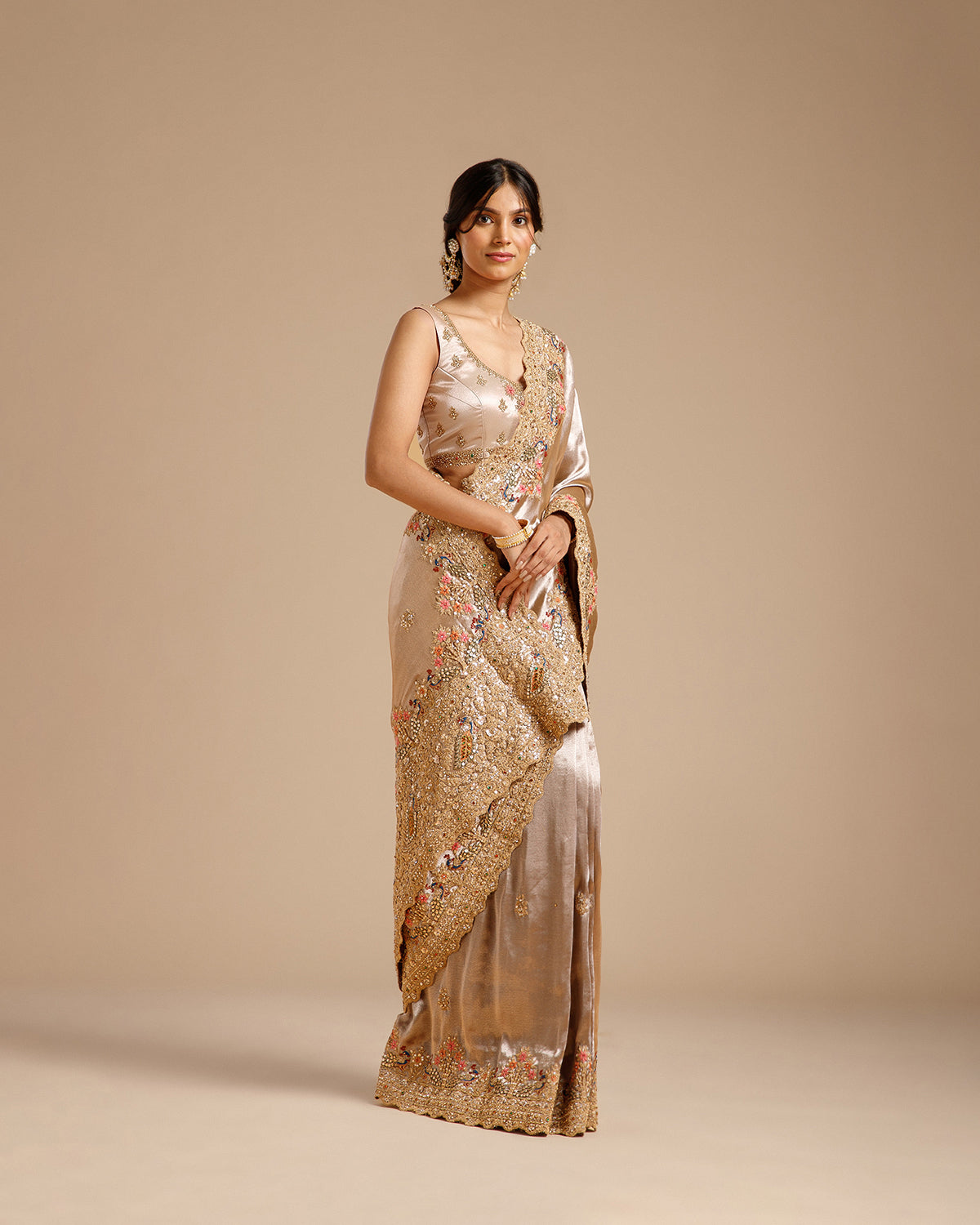Mouse Color Tissue Silk Saree with Dori, Sequin, Nulki, Resham & Kundan Work