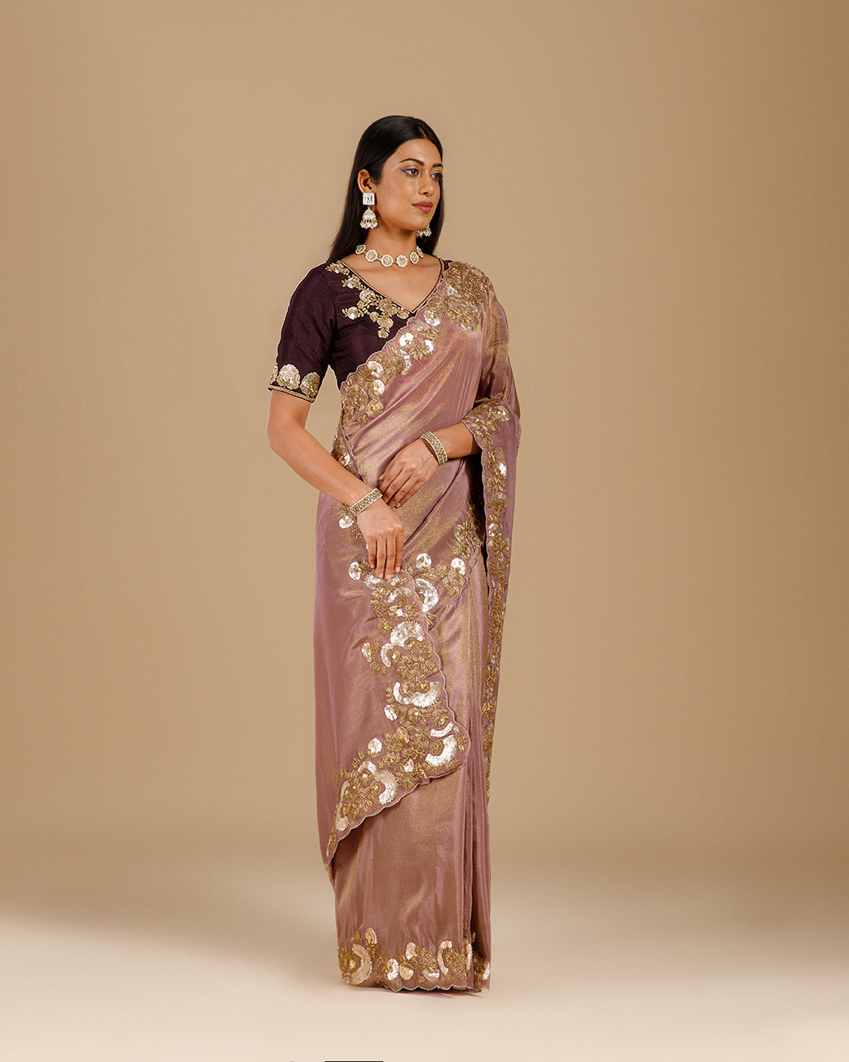 Dusty Mauve Tissue Georgette Saree with Gota Patti & Sequin Work - House of Surya