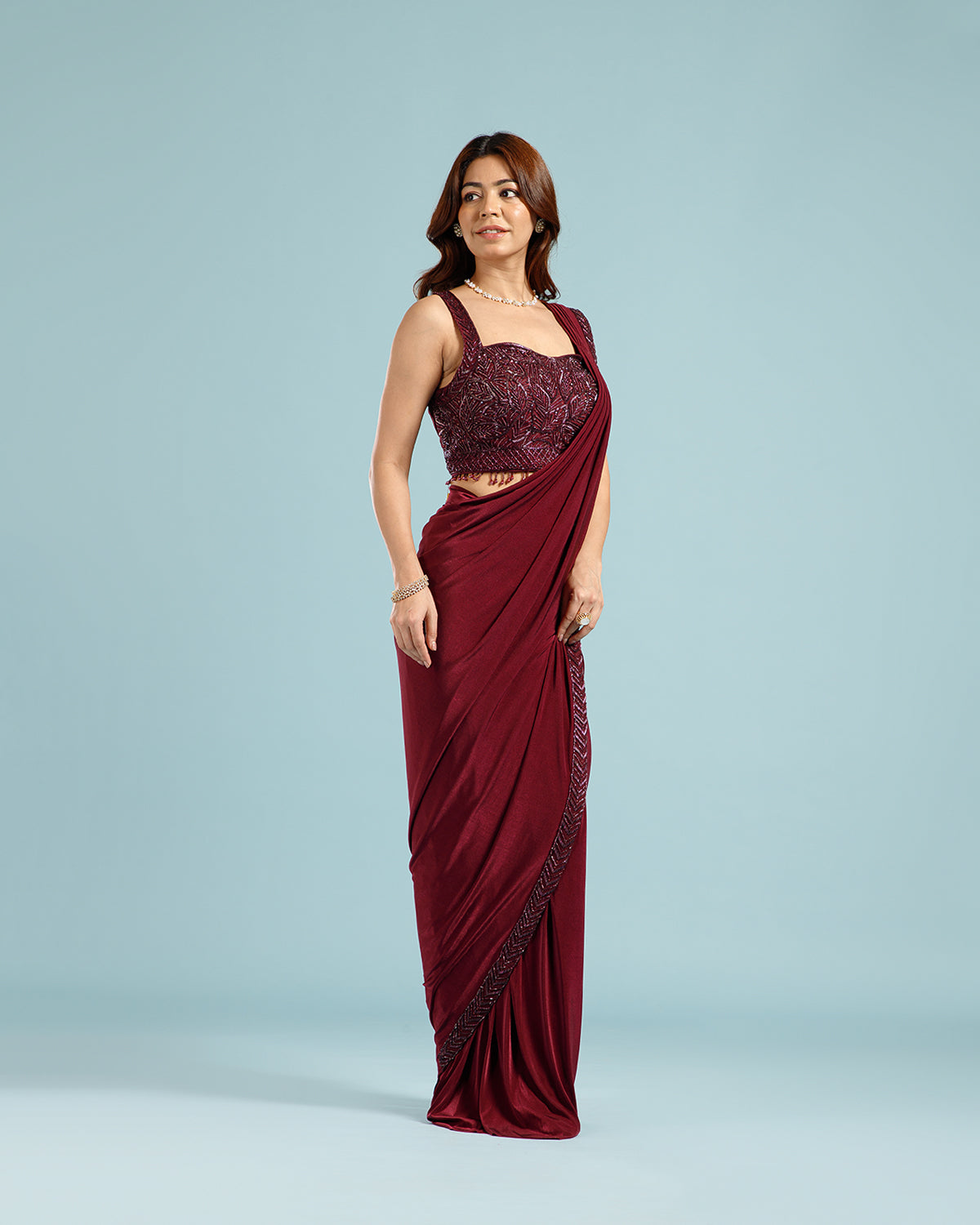 Maroon Lycra Drape Saree with Hand Work - House of Surya
