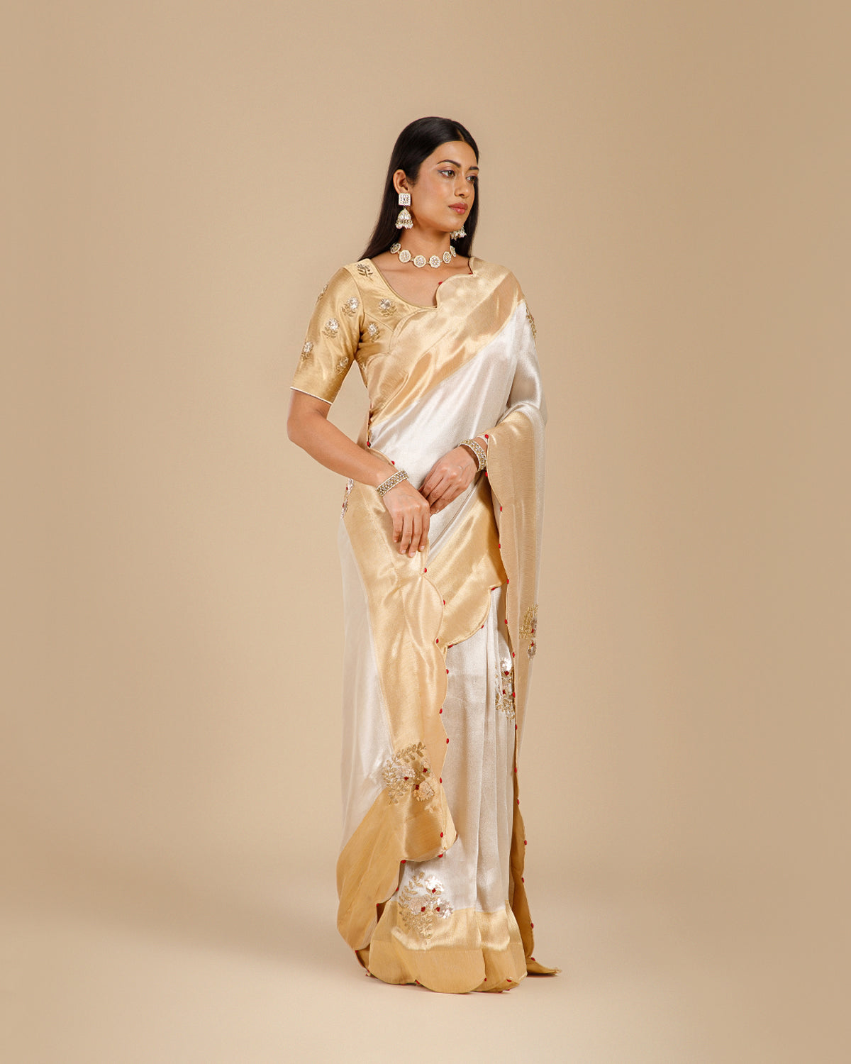 Golden Tissue Georgette Saree with Gota Patti & Sequence Work - House of Surya