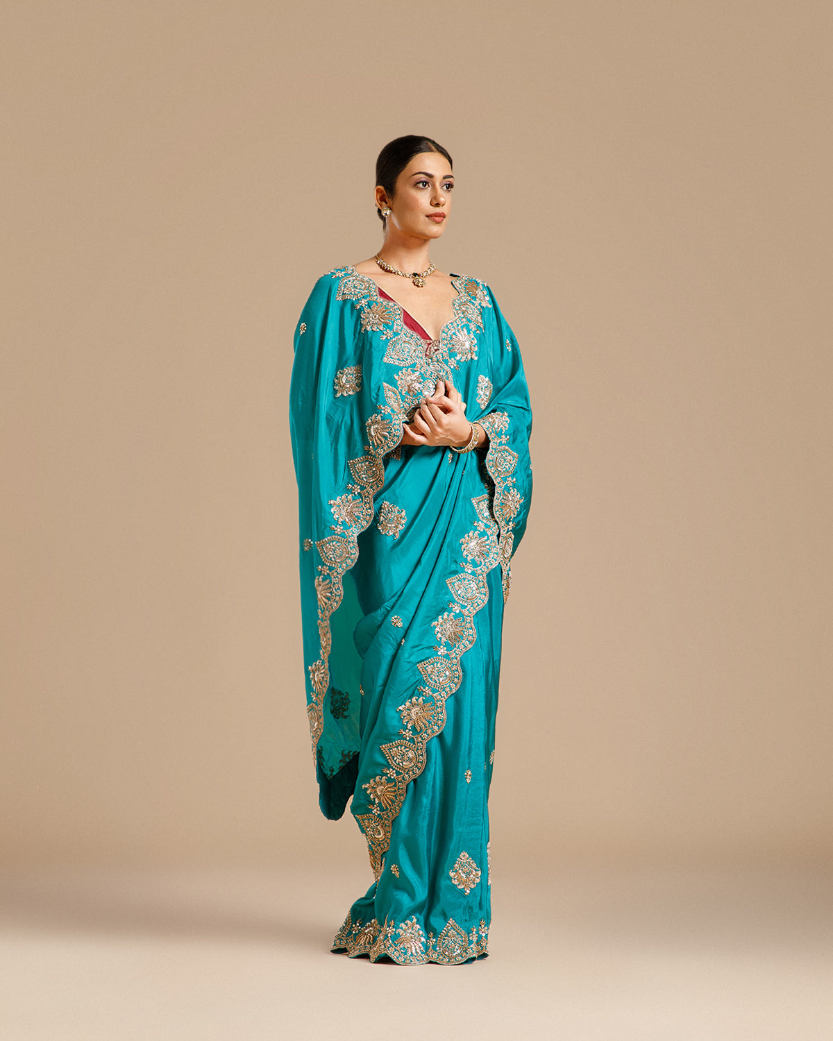Firozi Dola Silk Saree with Nulki, Pearl, Sequin & Dabka Work
