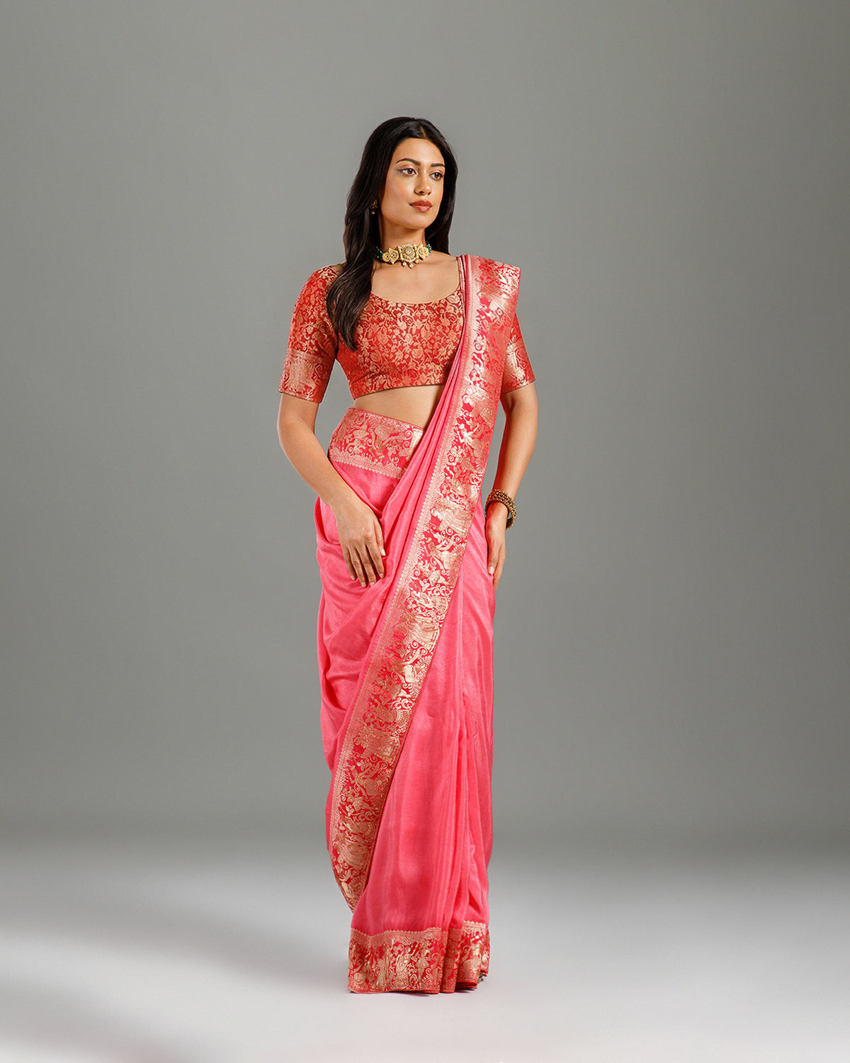 Gajari Dola Silk Saree with Palla & Border Weaving - House of Surya