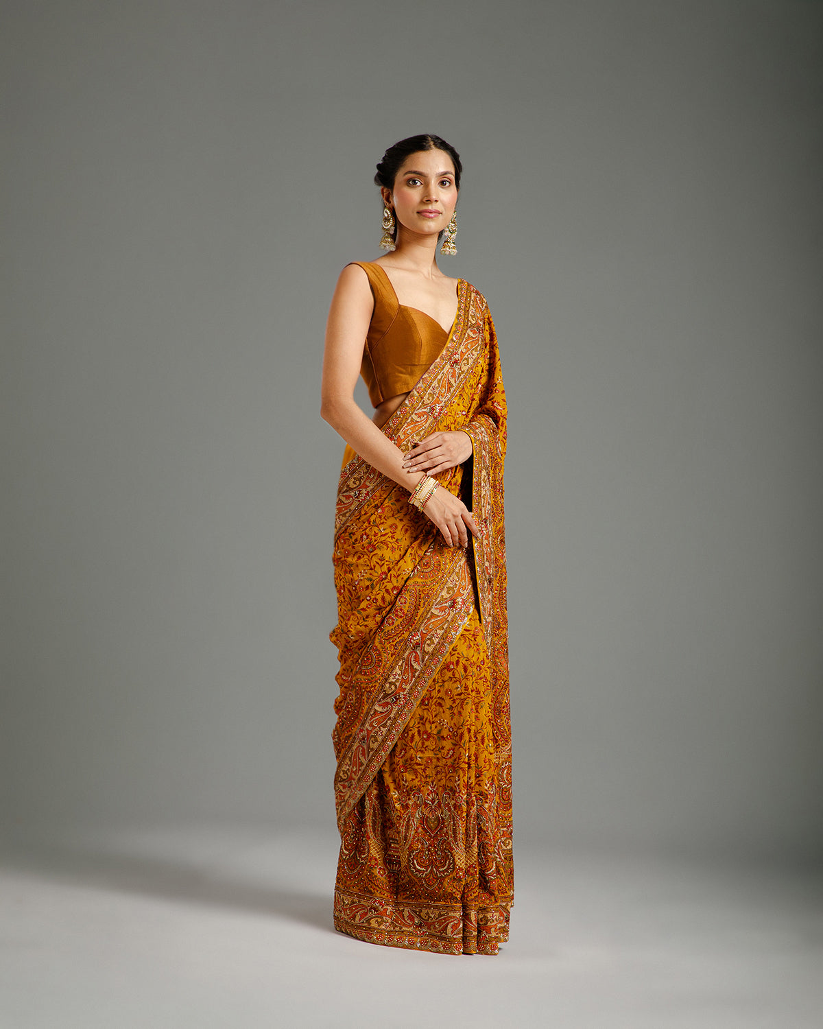 Mustard Georgette Saree with Beads, Dabka & Nulki Work