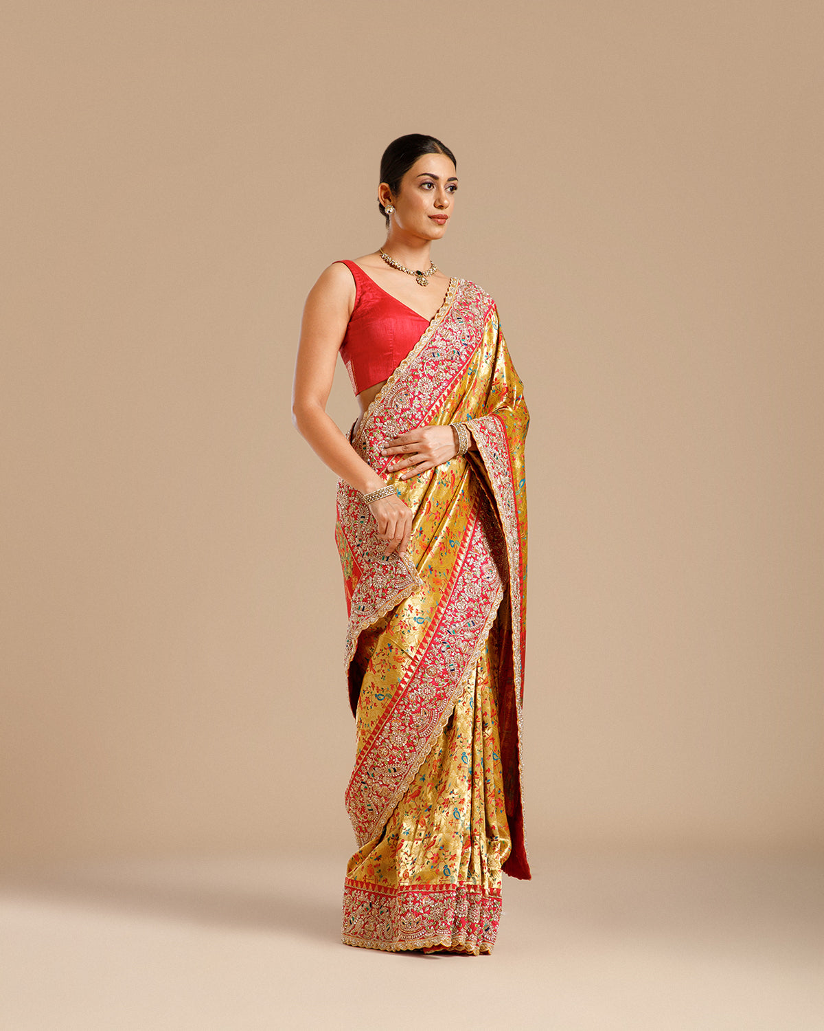 Mustard Gold Silk Saree with Resham, Pearl & Nulki Work