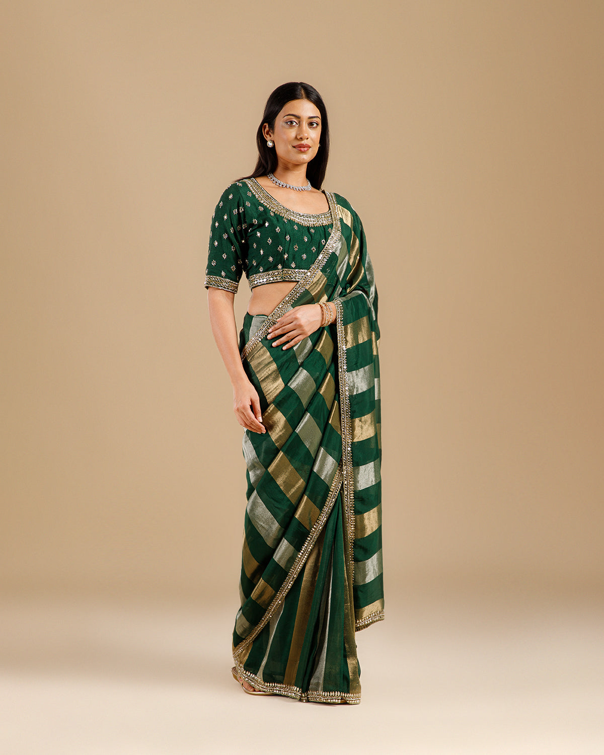 Green Tissue Organza Saree with Kundan & Sequence Work - House of Surya