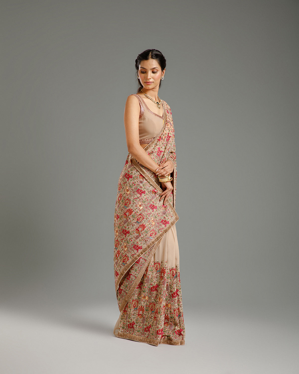 Beige Georgette Saree with Resham & Stone Work