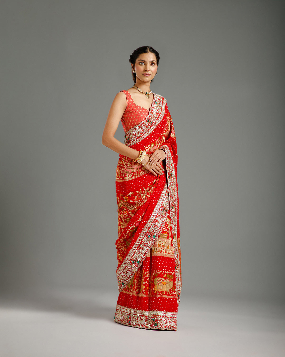 Red Georgette Saree with Dori, Nulki, Resham, Moti & Meenakari Work